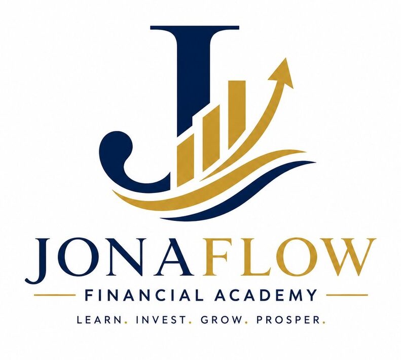Jonaflow Financial Academy logo featuring a gold J symbol and upward financial growth chart on a navy blue background.